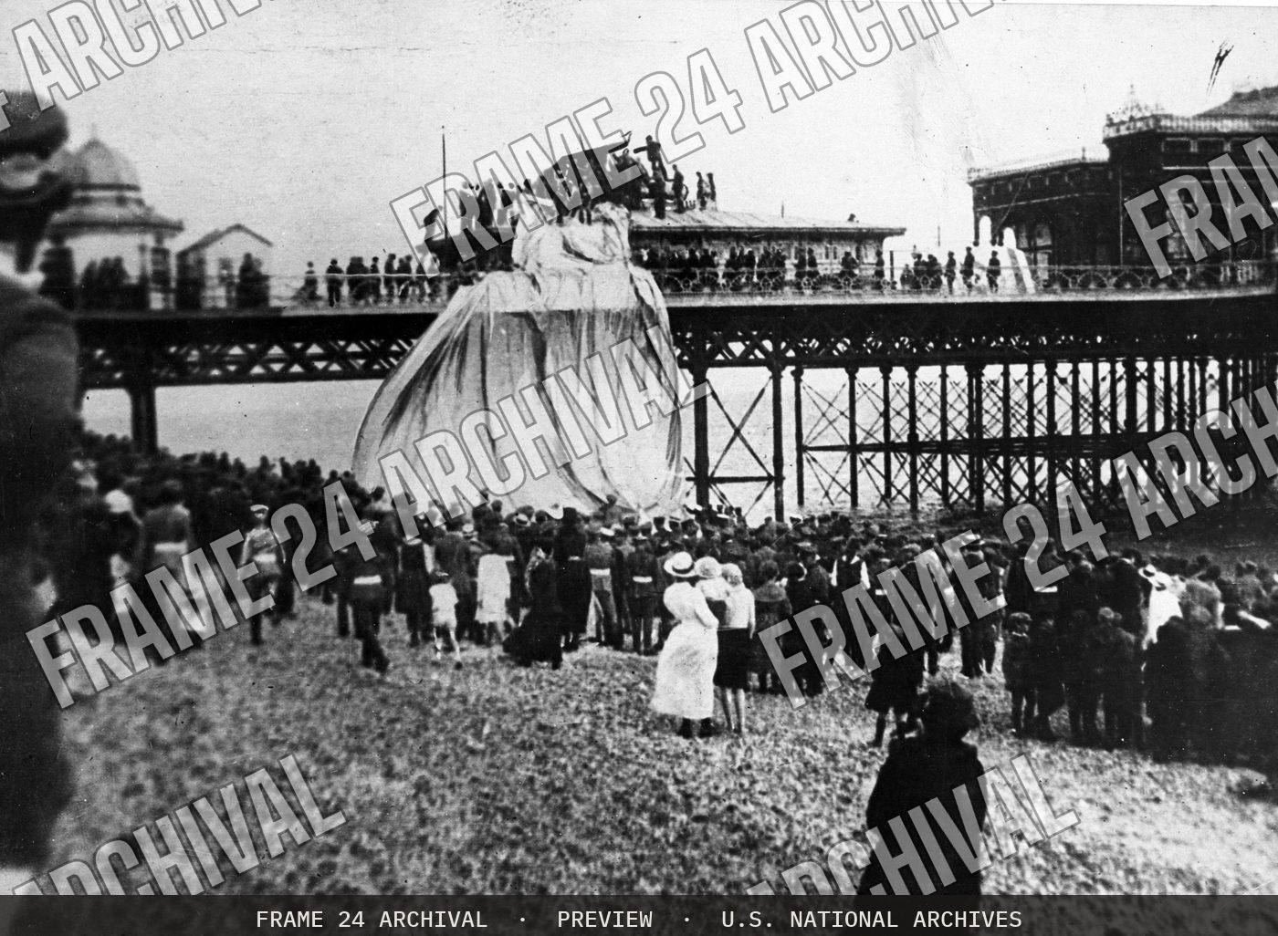 Airship Felled by German Submarine (1919), restored vintage black and white photograph