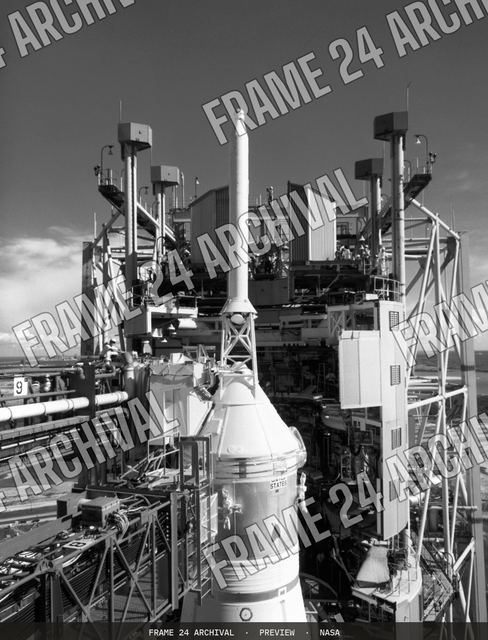 Apollo 11 spacecraft pre-launch, vintage black and white photograph