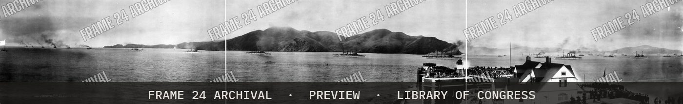 Atlantic fleet entering Golden Gate, May 6th (1908), restored vintage black and white photograph