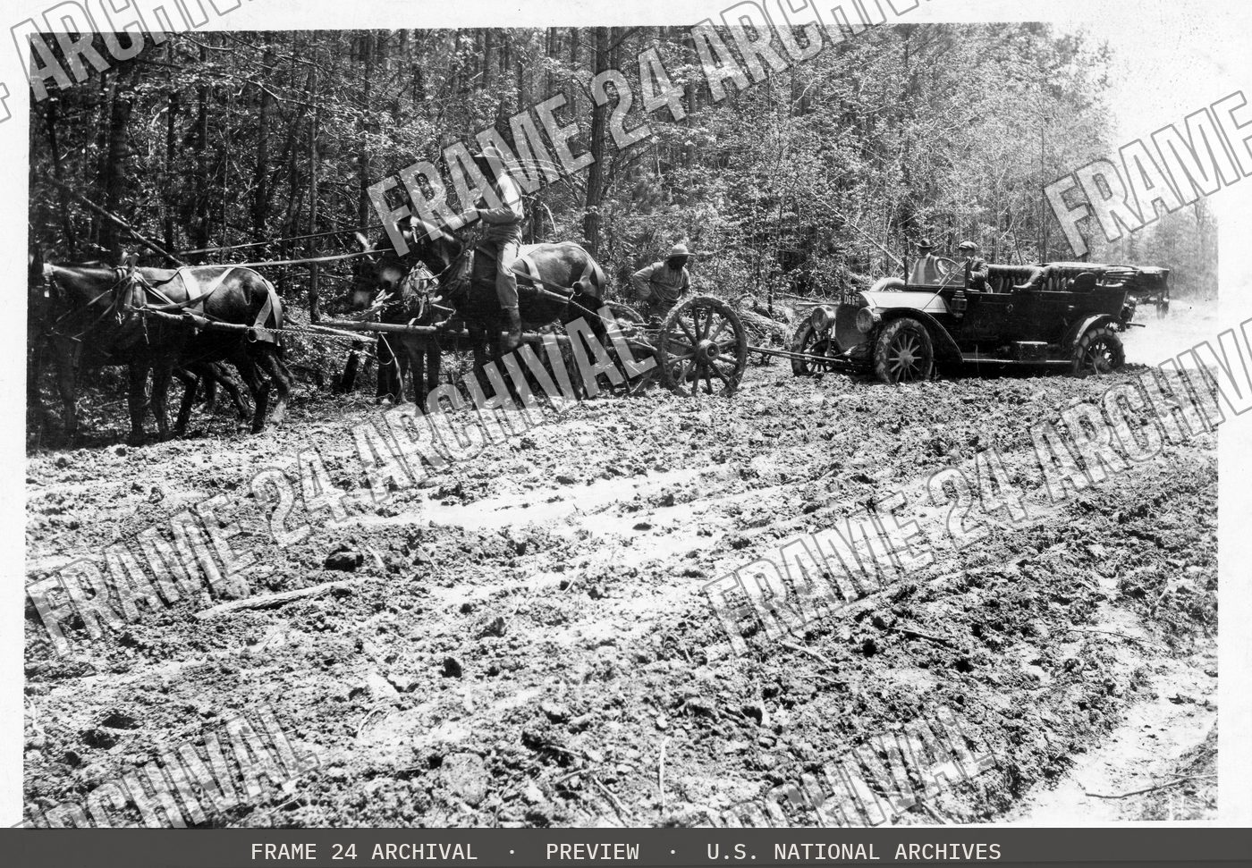 Automobile Breakdown (1914), restored vintage black and white photograph