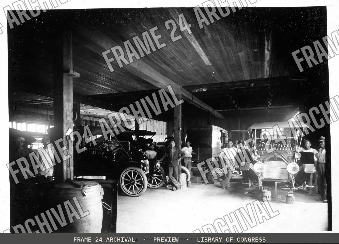 Automobile shop, Bilibid Prison (1916), restored vintage black and white photograph
