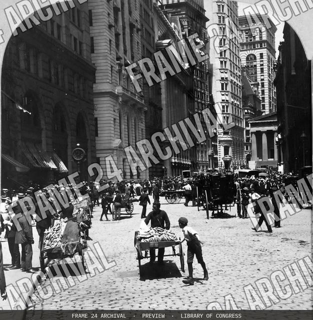 Broad Street, the broker section of the city, Sub-Treasury to the right, New York City, vintage black and white photograph