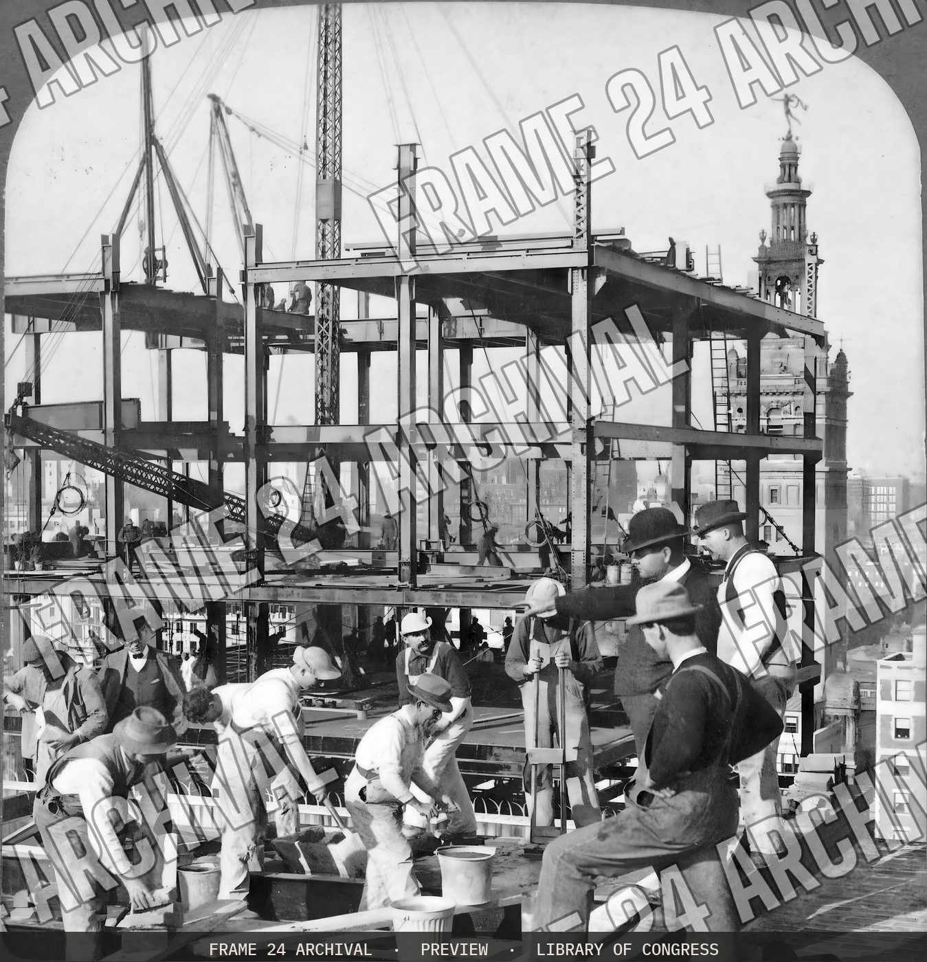 Building the great steel-framed skyscrapers -- working high above the street-- New York City (1906), restored vintage black and white photograph