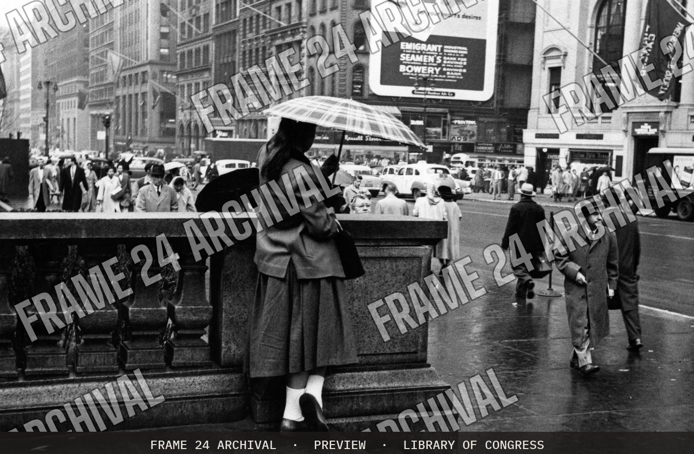 Busy city street (1955), restored vintage black and white photograph