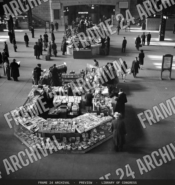 Chicago, Illinois. Newsstand in Union Station train concourse, vintage black and white photograph