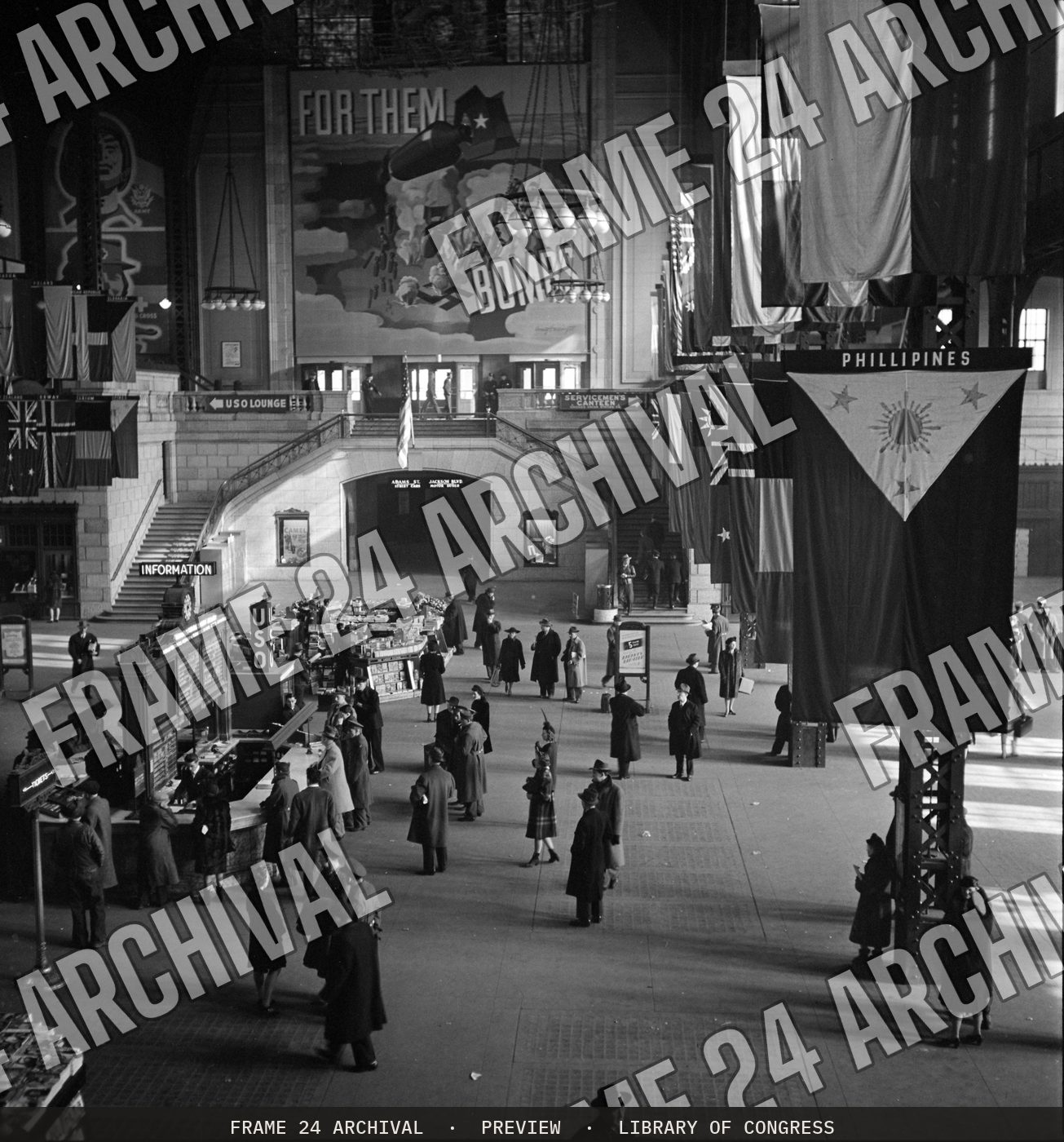 Chicago, Illinois. Union Station train concourse (1943), restored vintage black and white photograph