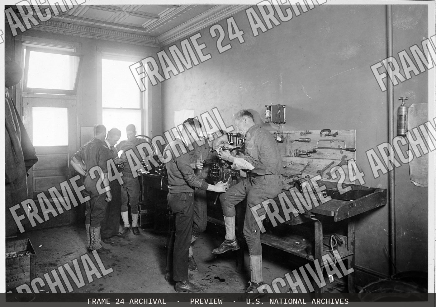 Colleges and Universities - Harley Davidson School for Motorcycle Mechanics - Putting the parts of the motor together at school for motorcycle mechanics, restored vintage black and white photograph