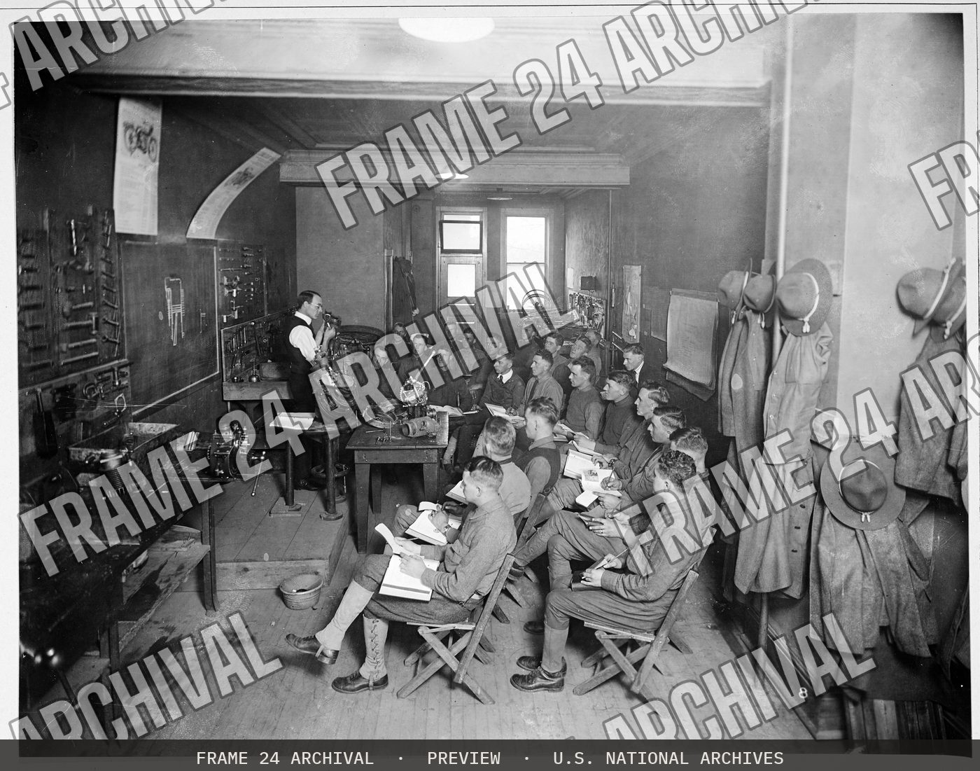 Colleges and Universities - Harley Davidson School for Motorcycle Mechanics - Instruction on the parts of the motorcycle at school for motorcycle mechanics, restored vintage black and white photograph