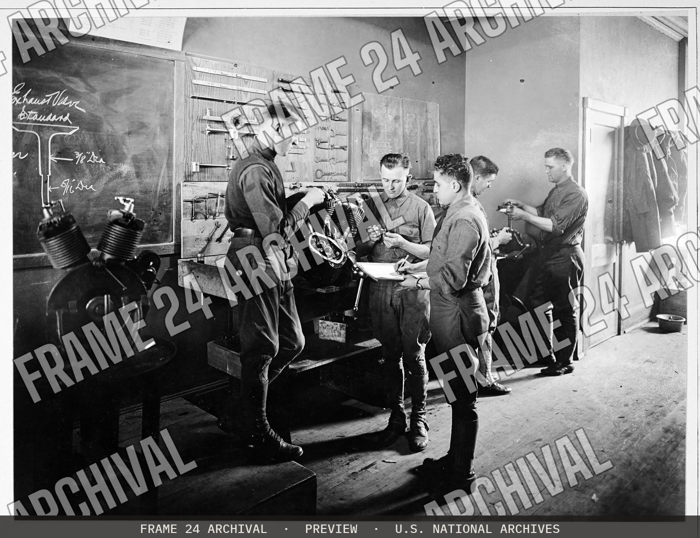 Colleges and Universities - Harley Davidson School for Motorcycle Mechanics - Tearing down motor at school for motorcycle mechanics, restored vintage black and white photograph