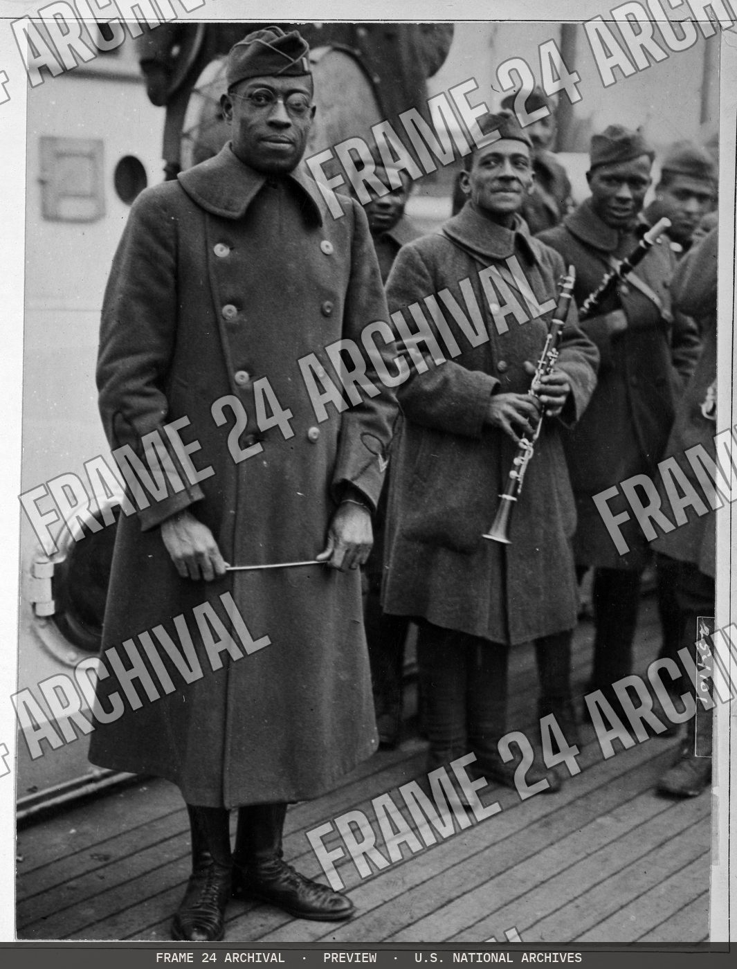 Colored Troops - Colored Jazz Band and Leader back with Colored 15th New York, restored vintage black and white photograph
