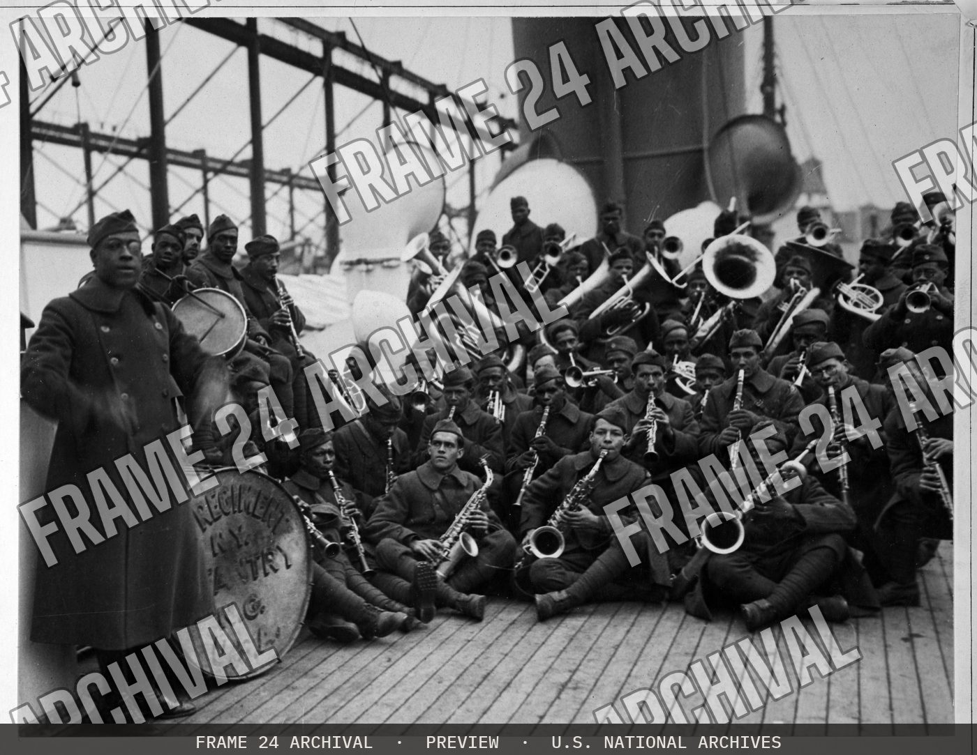 Colored Troops - Colored Jazz Band and Leader back with Colored 15th New York. Lieutenant James Reese Europe, who for four years was New York. Society's favorite orchestra (dance) leader, formerly wi, restored vintage black and white photograph