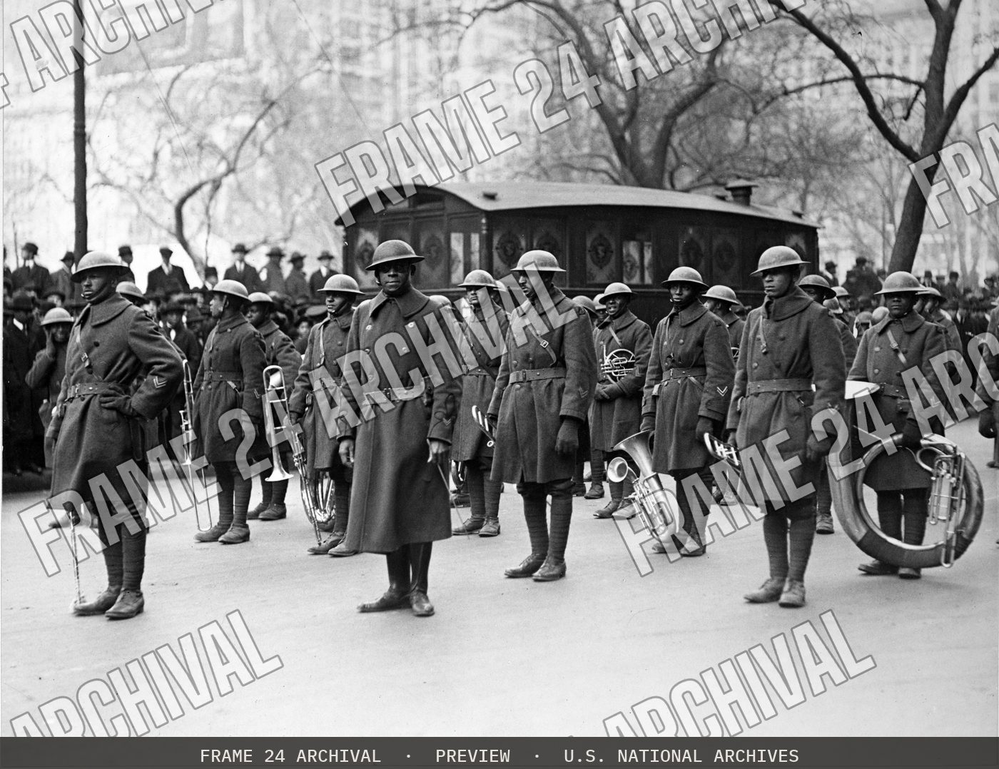 Colored Troops - Lieutenant Jimmie Europe and his Famous Jazz Band of the 369th Colored Infantry, formerly the 15th NY regulars, restored vintage black and white photograph
