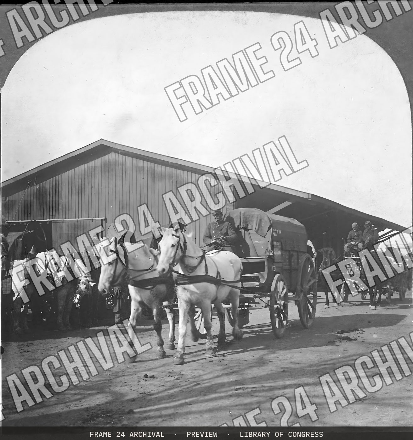 Commissariat train leaving supply station. (European War) (1915), restored vintage black and white photograph