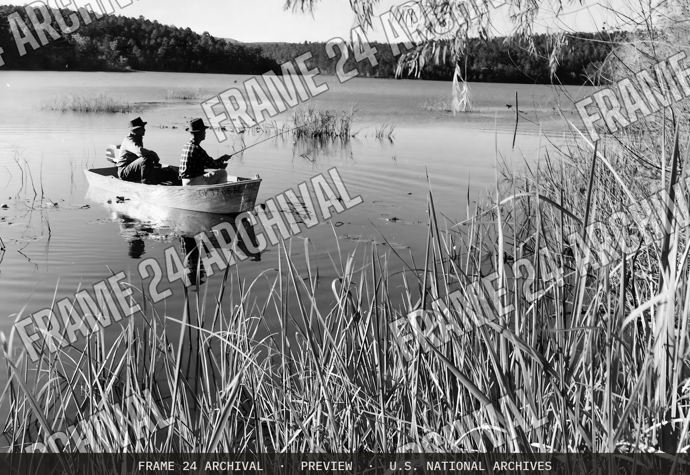 Fishing - Oklahoma, restored vintage black and white photograph