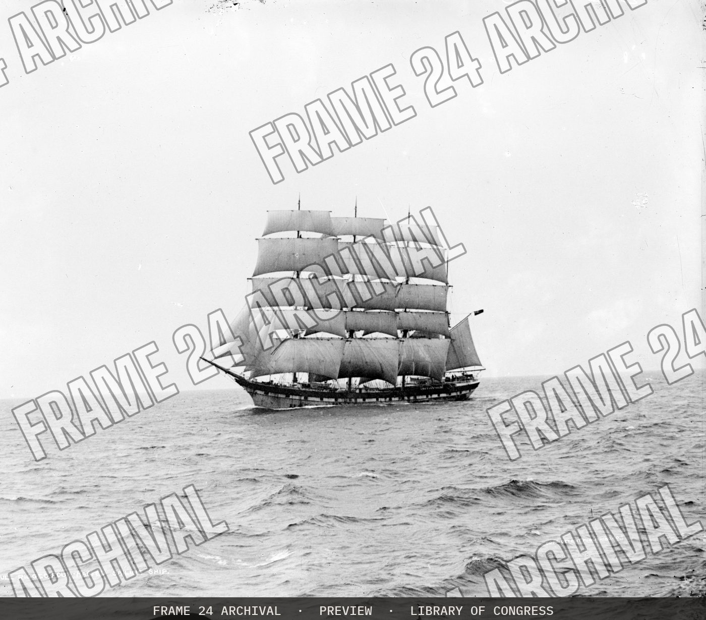 Full rigged, four-masted sailing ship (1905), restored vintage black and white photograph