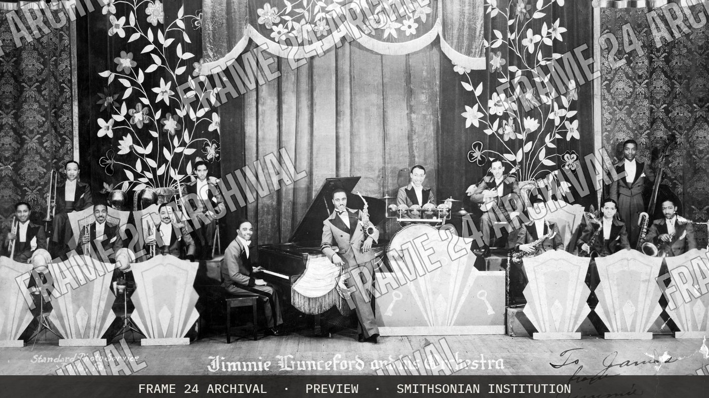 Gelatin silver print of Jimmie Lunceford and his Orchestra (1932), restored vintage black and white photograph
