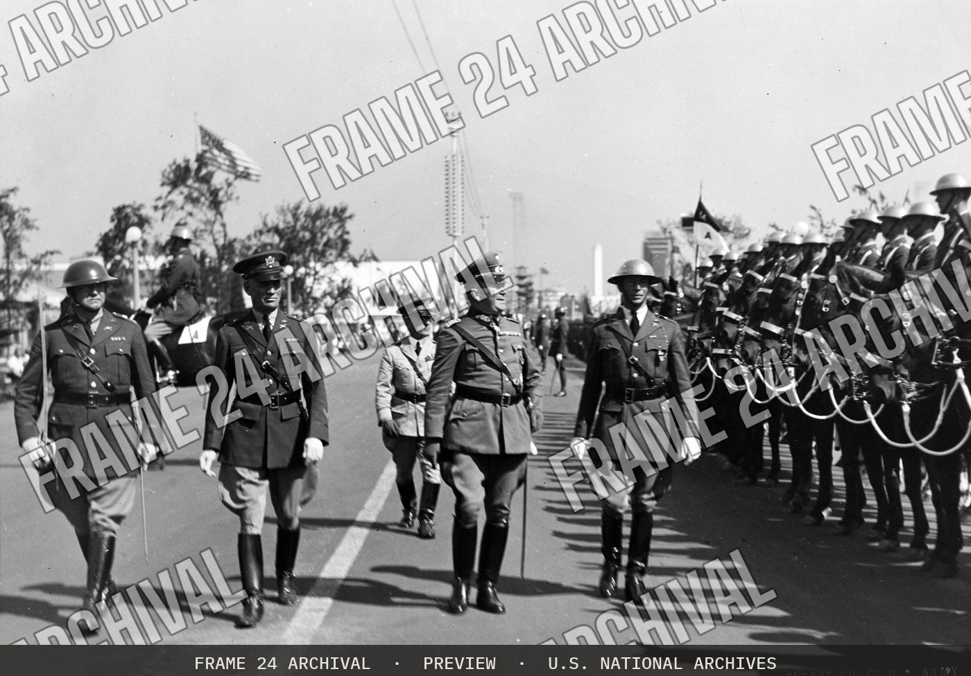 General Von Boettcher of the German Army reviewing the troops of the 14th Cavalry and the 6th Infantry, on his visit to the World's Fair, Chicago, in August 1933. These troops were stationed at Camp J (1933), restored vintage black and white photograph