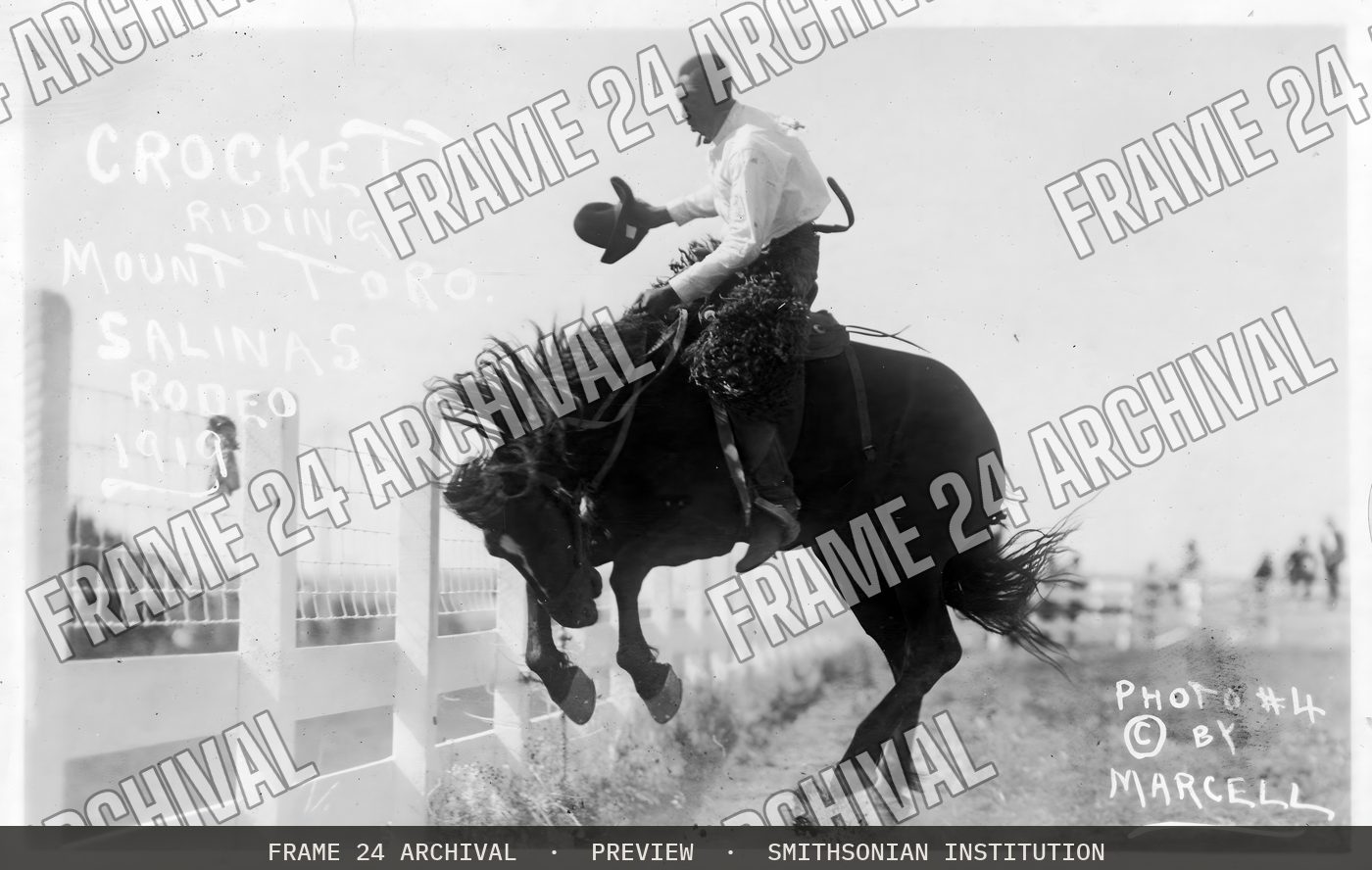 <I>Crockett Riding Mount Toro. Salinas Rodeo, 1919</I> (1919), restored vintage black and white photograph