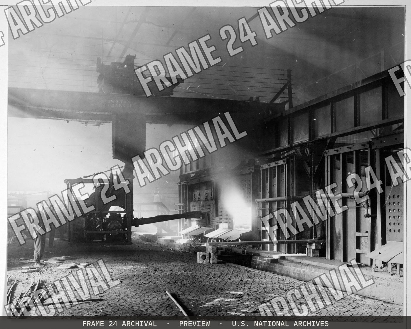 Industries of War - Metals - Steel - Carnegie Steel Company - Steel manufactured by Carnegie Steel Co., Pittsburgh. Charging slabs, jobbing mill department, restored vintage black and white photograph