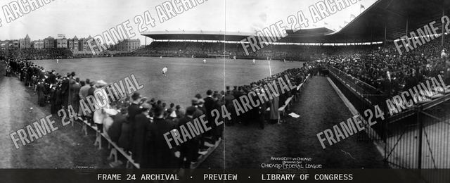 Kansas City vs. Chicago, opening day, Chicago, Federal League, baseball park, Addison & Clark Sts., April 23, 1914, attendance 28,436, vintage black and white photograph