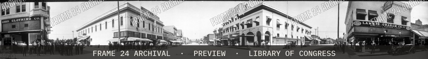 Main & Mill Streets, Porterville, California (1914), restored vintage black and white photograph