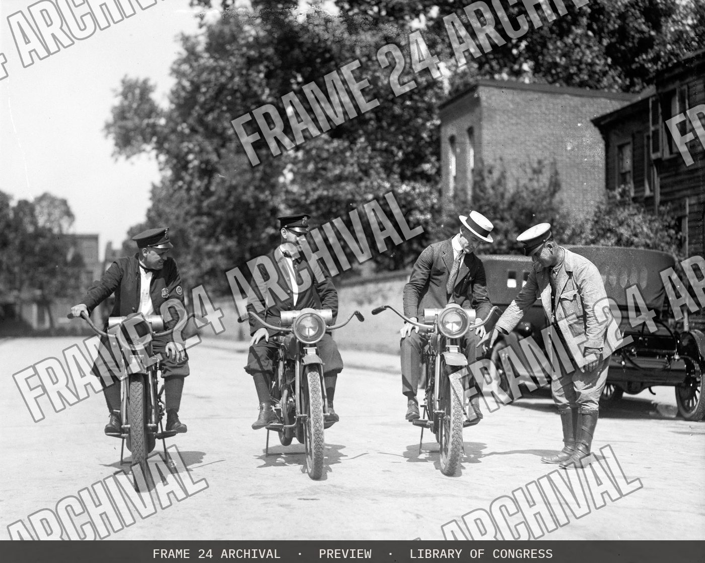 Men on motorcycles, 7/20/22 (1922), restored vintage black and white photograph