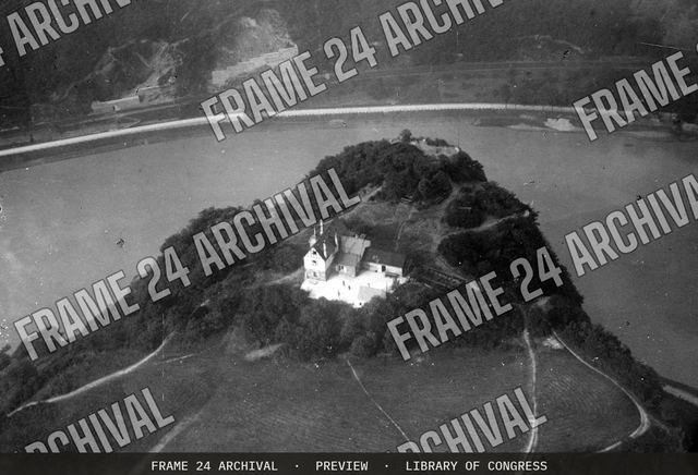 Middle Rhine River Valley, from an airship, vintage black and white photograph