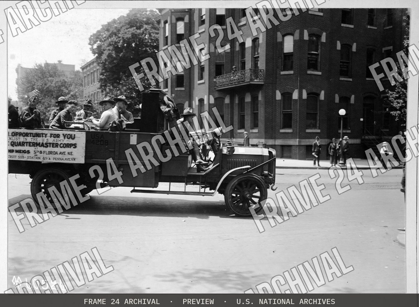 Motor Transport Corps parade, Washington, D.C. Camp Meigs Jazz Band, Quartermaster Corps (1919), restored vintage black and white photograph