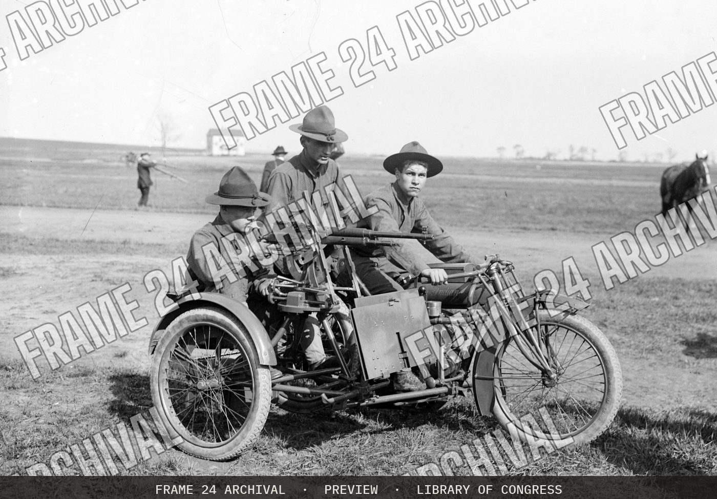 Motorcycle Machine Gun (1915), restored vintage black and white photograph