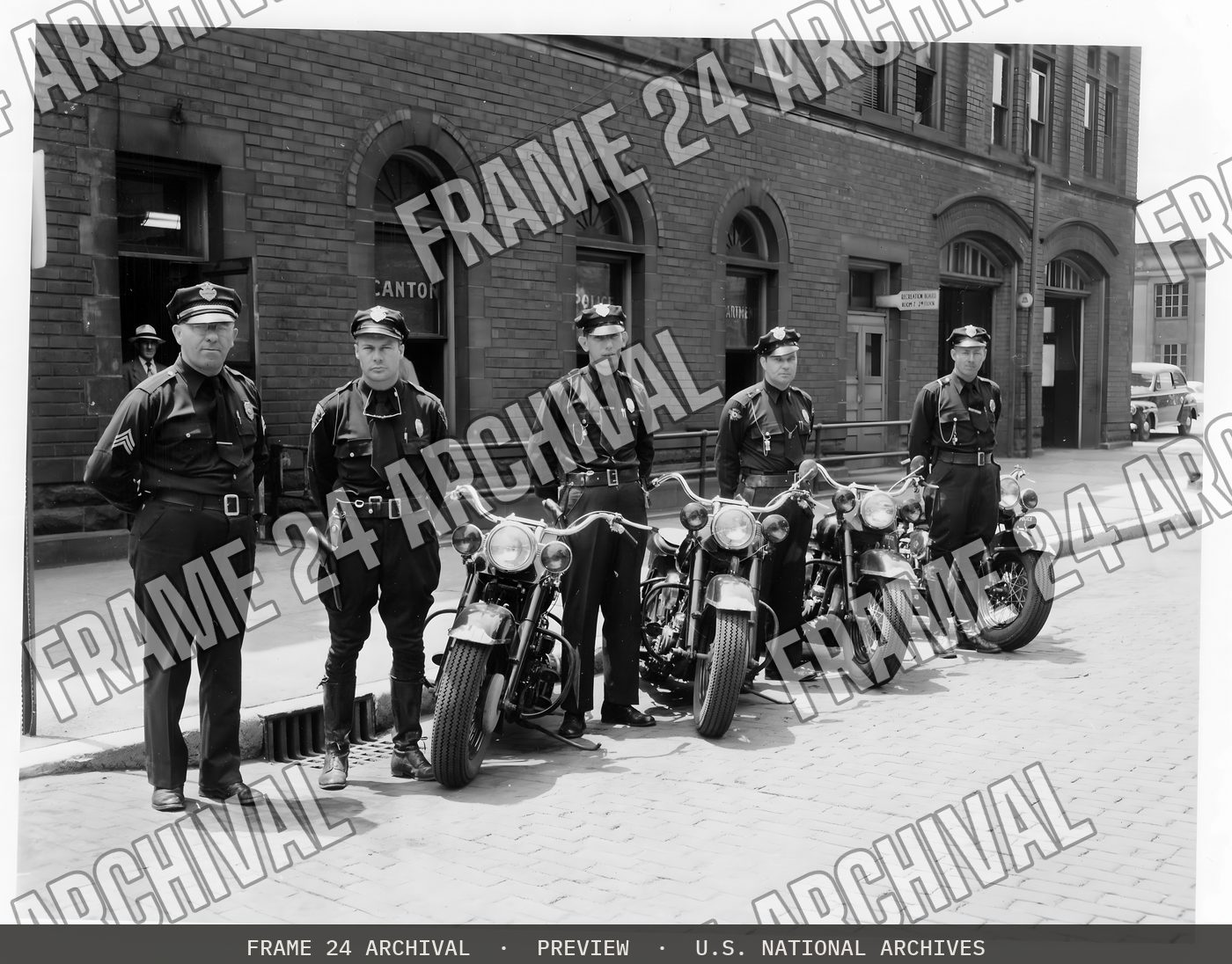 Motorcycle Patrol, Police Department, Canton, Ohio (1951), restored vintage black and white photograph