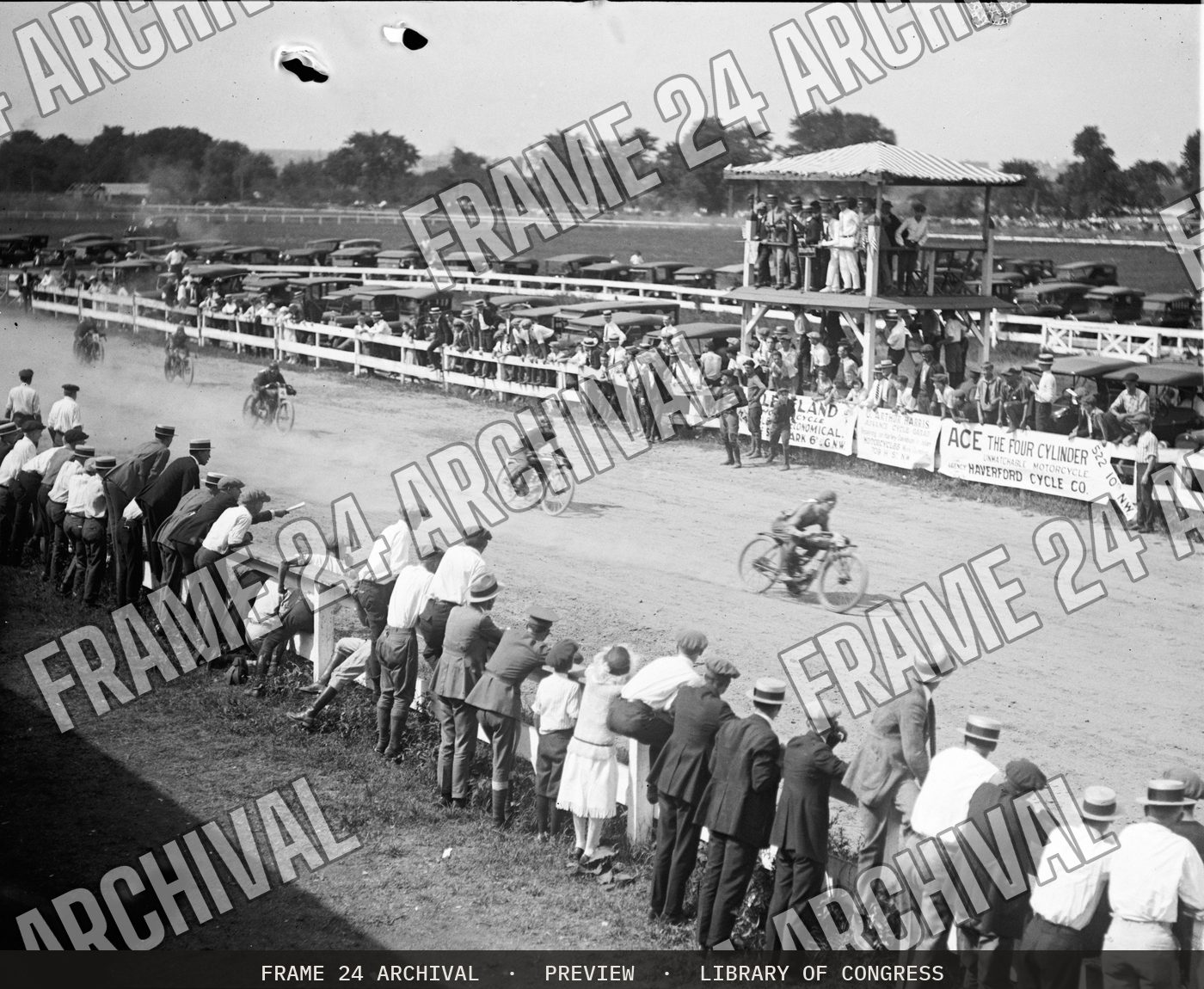 Motorcycle races (1922), restored vintage black and white photograph