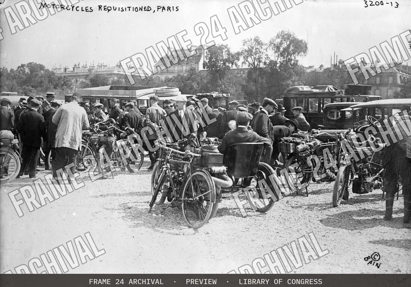 Motorcycles requisitioned, Paris (1910), restored vintage black and white photograph