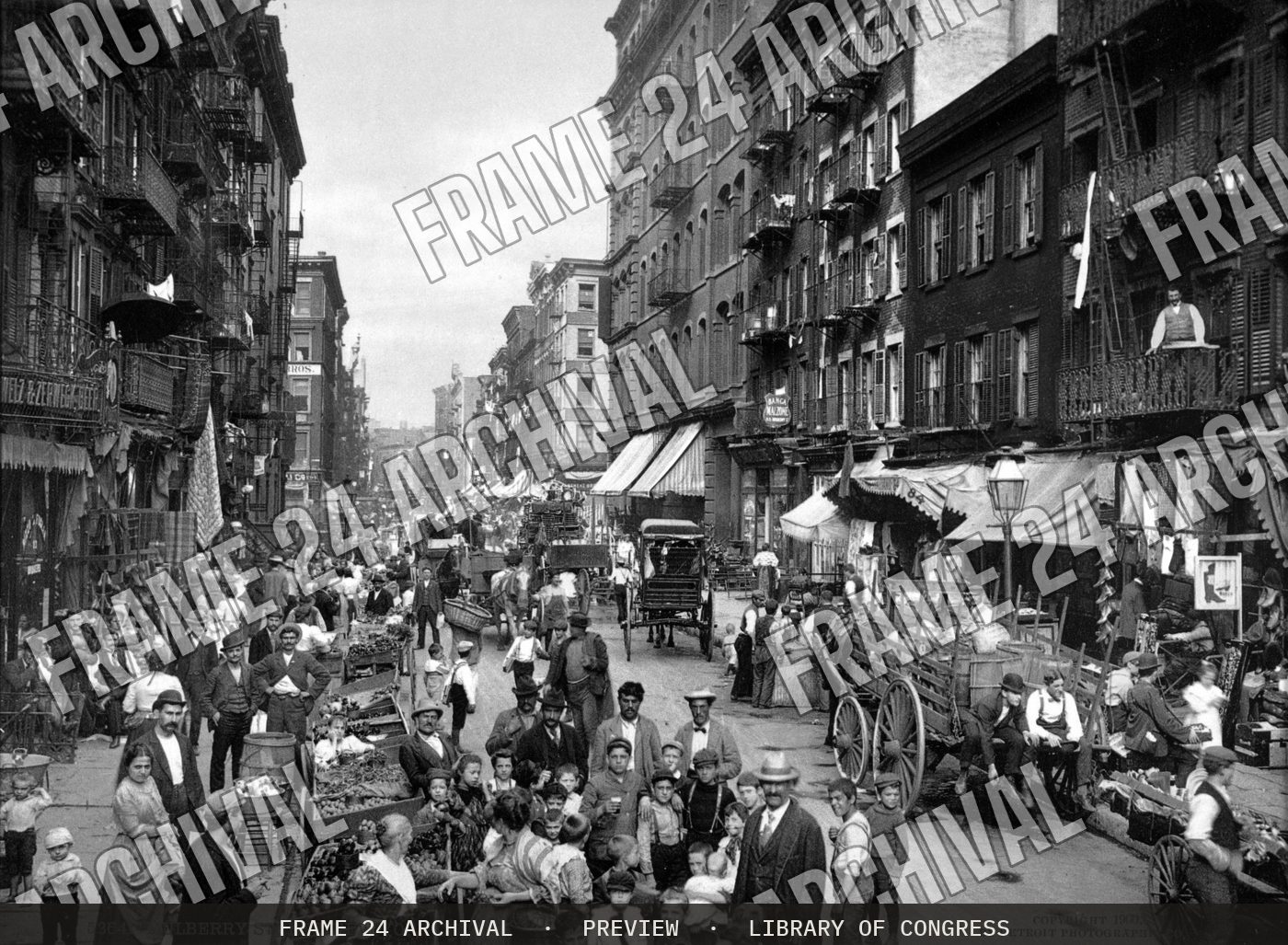 Mulberry Street, New York City (1900), restored vintage black and white photograph