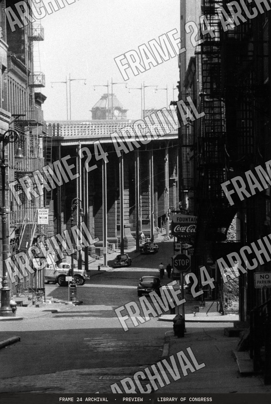New York City street view (1956), restored vintage black and white photograph