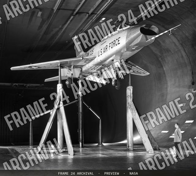 North American Aviation F-100 in the Ames 40x80 Foot Wind Tunnel, vintage black and white photograph