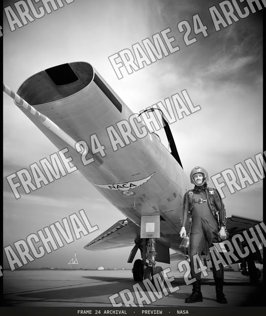 North American F-100 Airplane , with Pilot George Cooper, vintage black and white photograph
