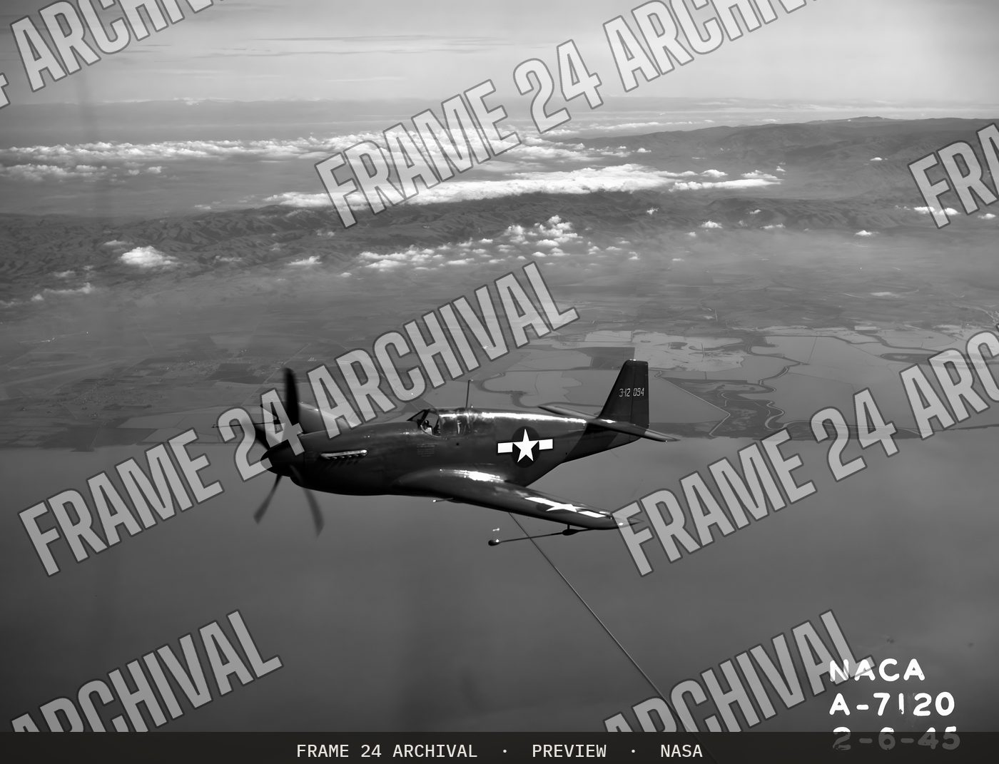 North American P-51B 'Mustang' fighter in flight over bay area (1945), restored vintage black and white photograph