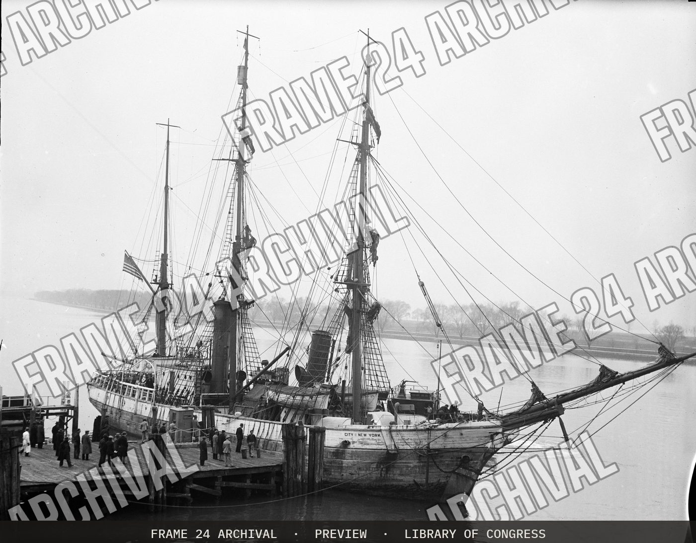 Old sailing ship "City of New York" (1931), restored vintage black and white photograph