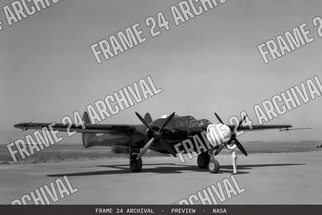P-61A Airplane at NACA Ames Research Center, Moffett Field, California, vintage black and white photograph