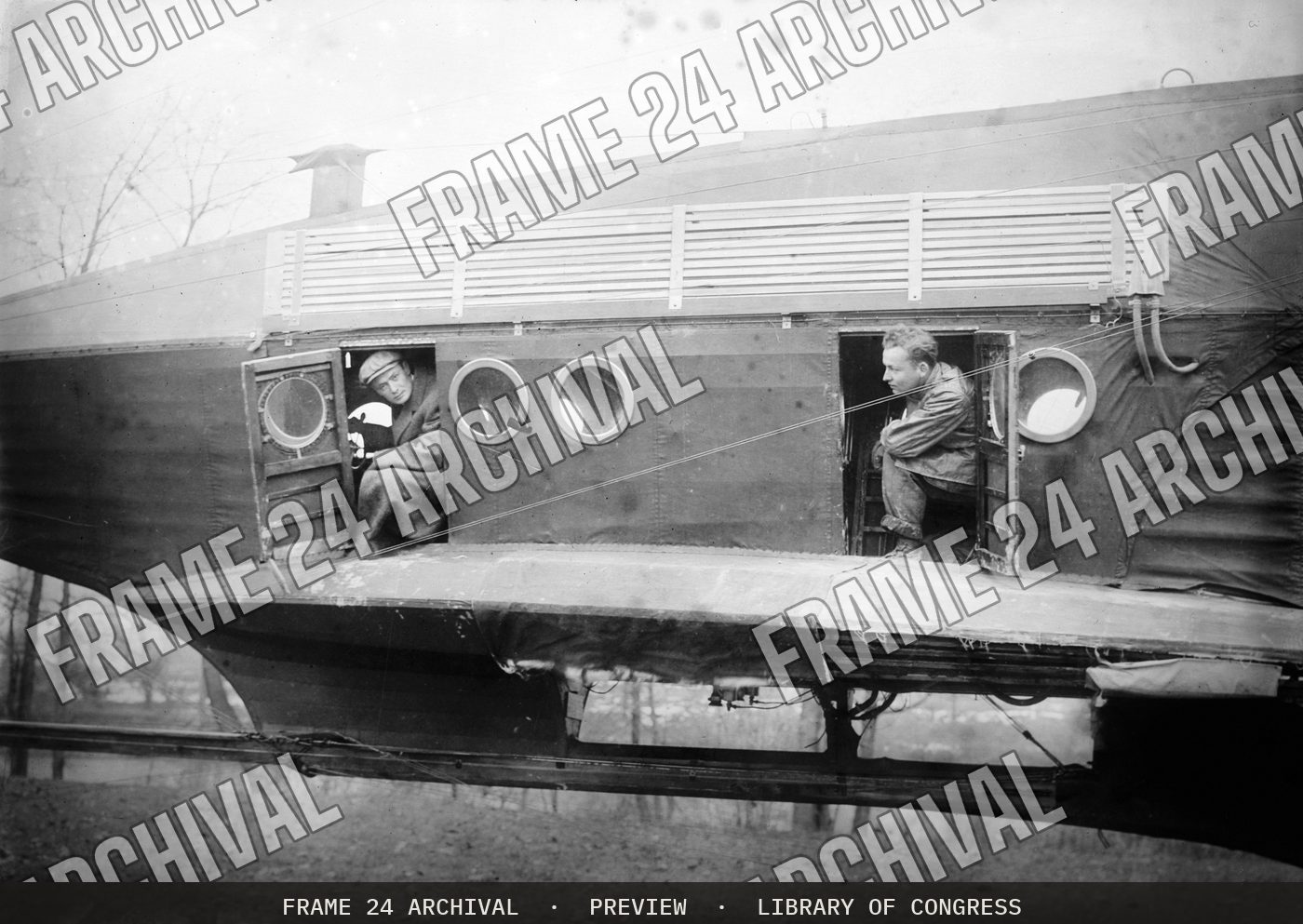 Passengers in Cooley airship (1900), restored vintage black and white photograph
