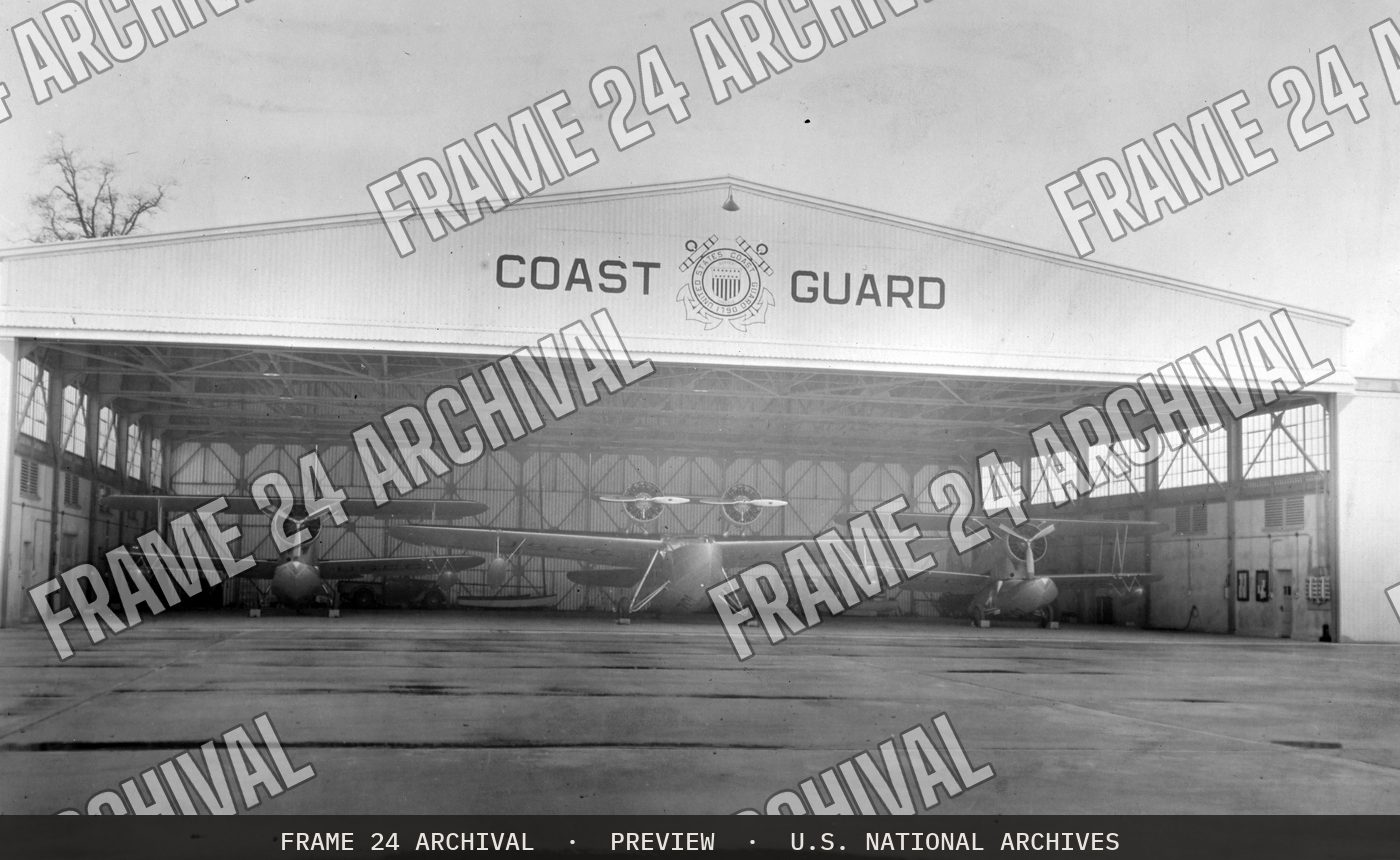 Photograph of a Coast Guard Airplane Hangar (1935), restored vintage black and white photograph