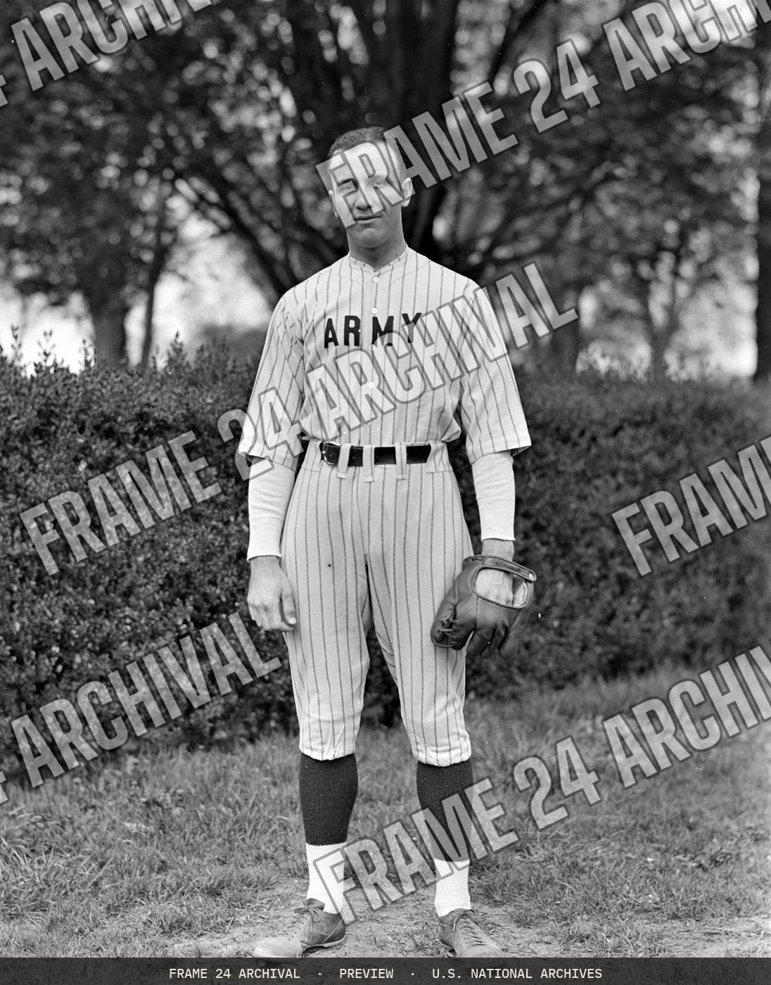 Photograph of Army Baseball Team Member (1930), restored vintage black and white photograph