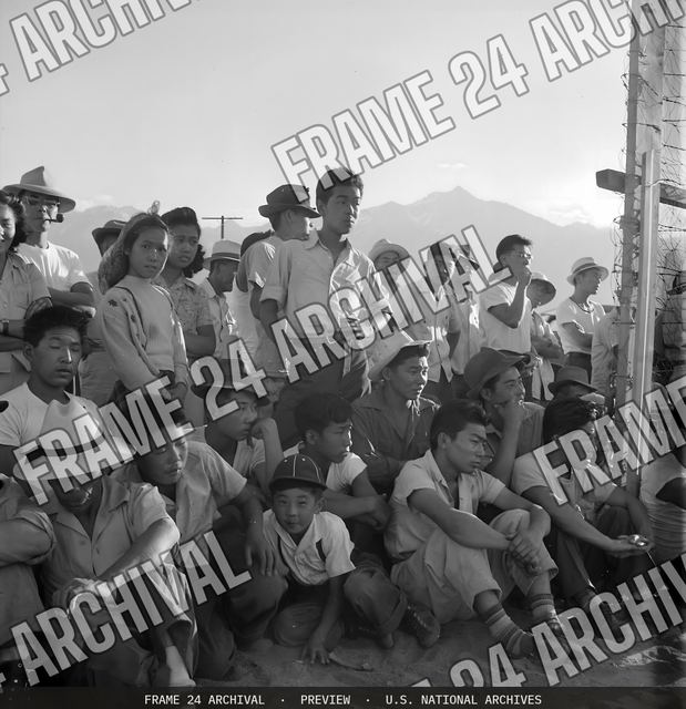 Photograph of Baseball Game Spectators, Manzanar Relocation Center, vintage black and white photograph