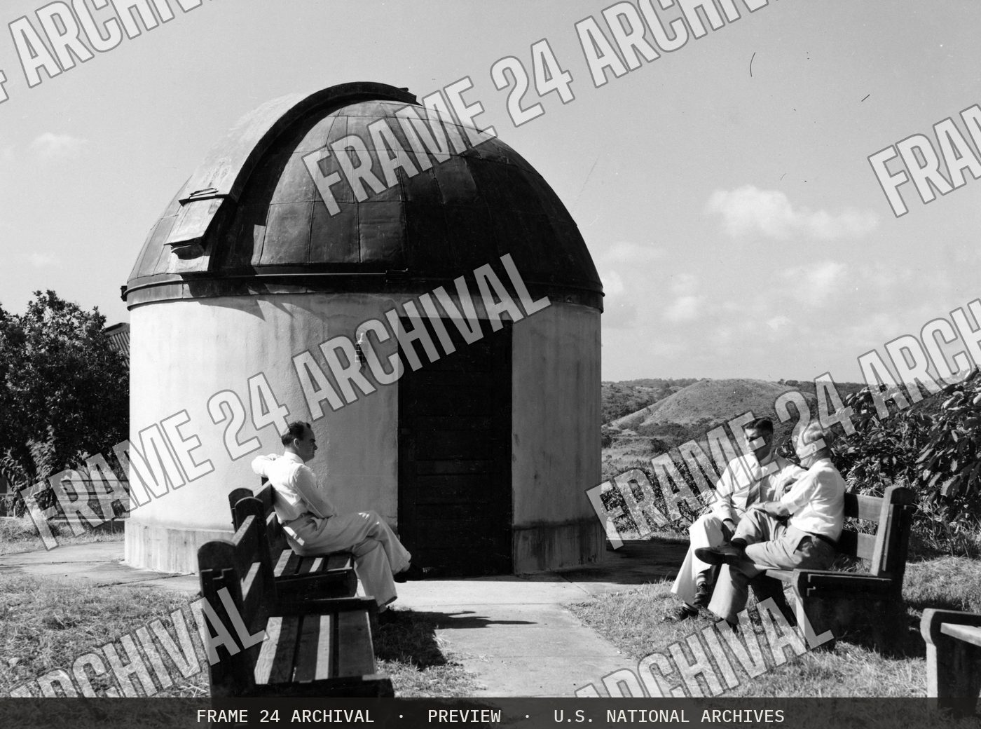 Photograph of Observatory at Miraflores Locks (1950), restored vintage black and white photograph