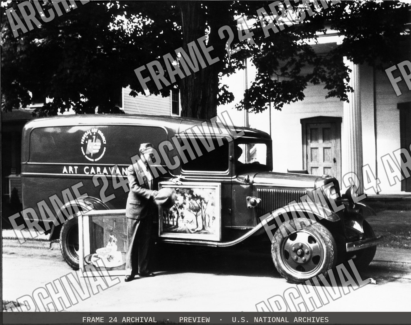 Photograph of the W.P.A. Art Caravan, restored vintage black and white photograph