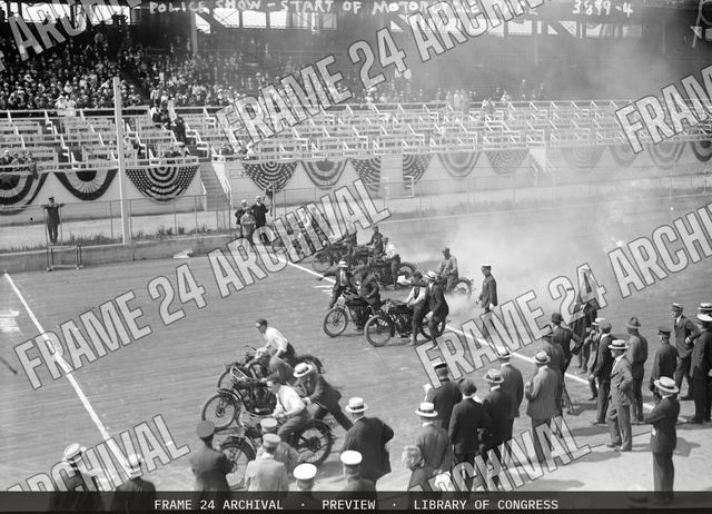Police Show -- Start of motorcycle race, vintage black and white photograph