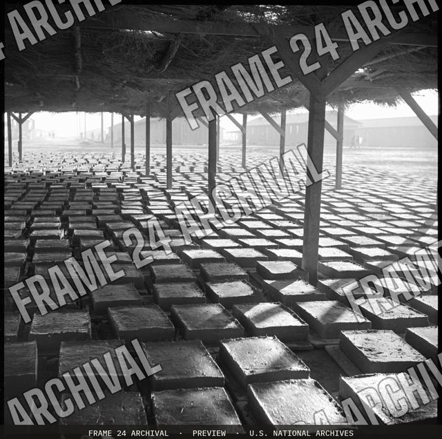 Poston, Arizona. Adobe factory drying racks, vintage black and white photograph