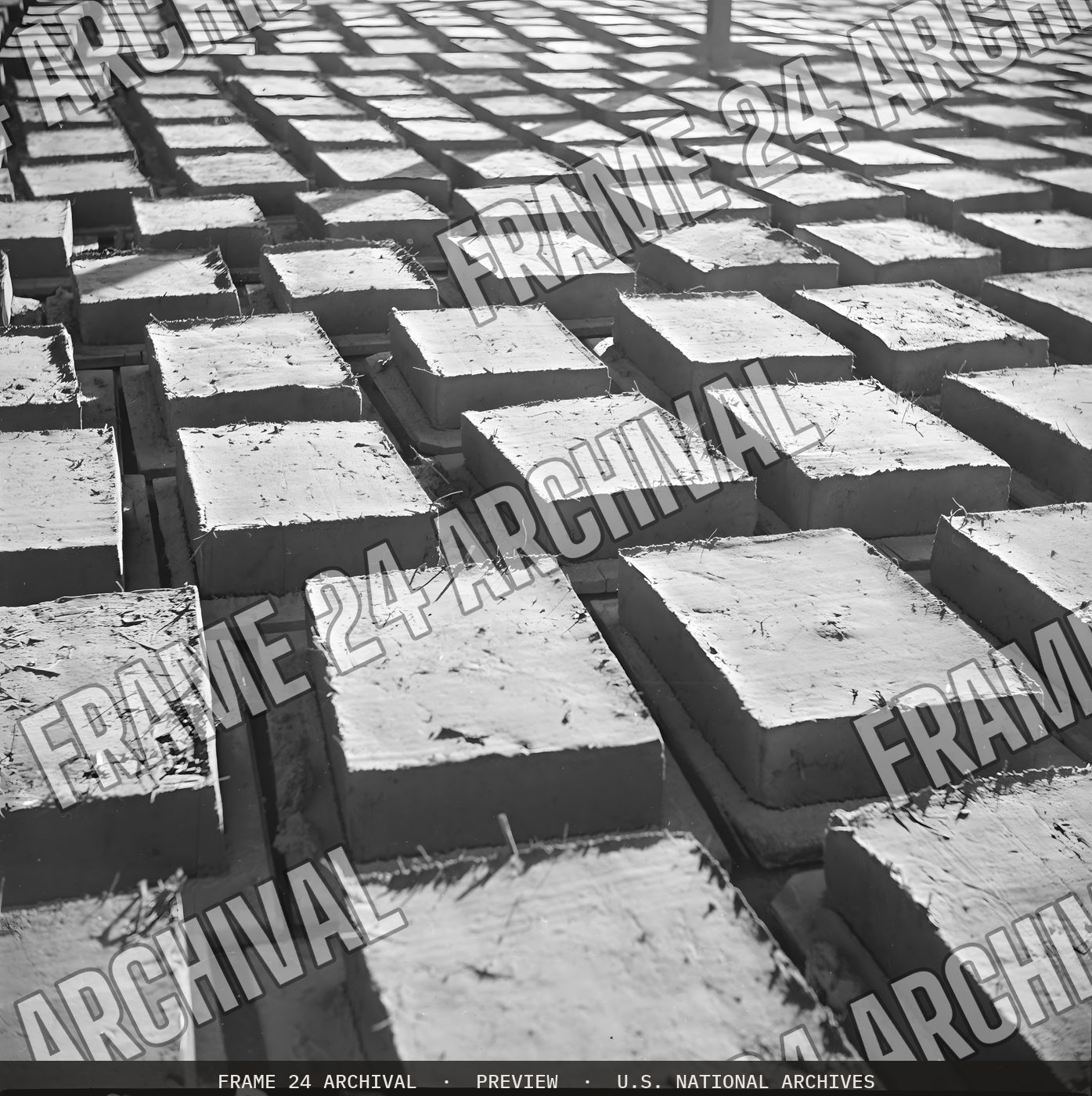 Poston, Arizona. Adobe factory. Drying racks (1943), restored vintage black and white photograph