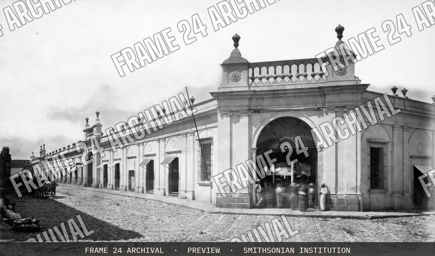 Public Market, Guatemala (1875), restored vintage black and white photograph