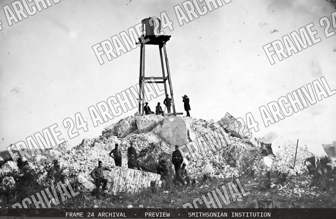 Ruins of the Charleston Lighthouse, Morris Island, South Carolina (1863), restored vintage black and white photograph